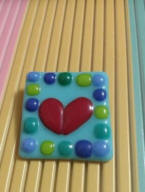Vtg 90s Handcrafted Square Heart Polka Dots Folk Brooch Pin